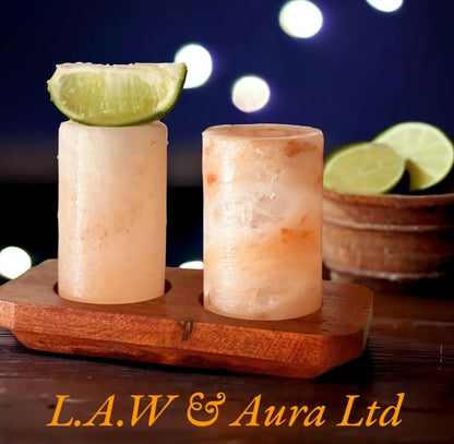 Set of 2 Himalayan Salt Shot Glasses & Wood Serving Stand