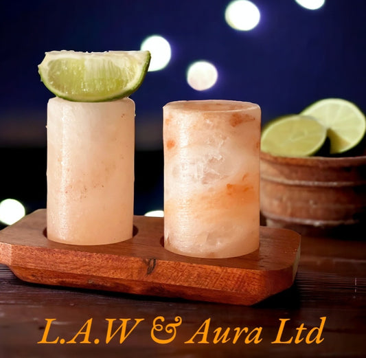 Set of 2 Himalayan Salt Shot Glasses & Wood Serving Stand