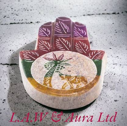 Soapstone Hamsa Incense Holder 9x6cm - Elephant & Palm