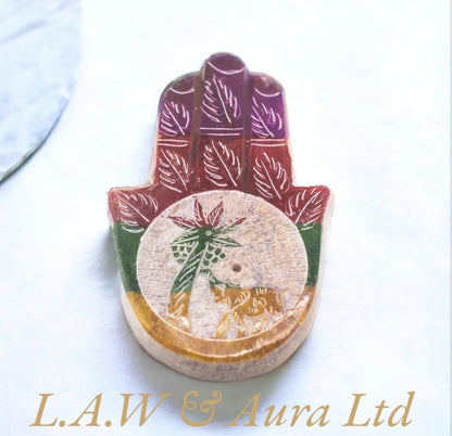 Soapstone Hamsa Incense Holder 9x6cm - Elephant & Palm