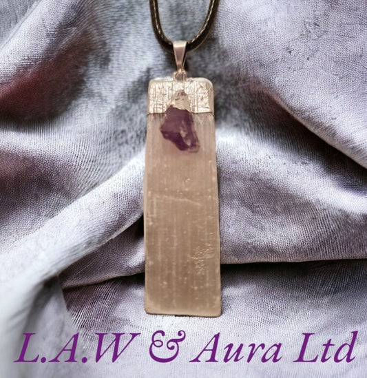 Brazilian Selenite Pendant with Amethyst Accent Silver Plated 🤍💜✨️