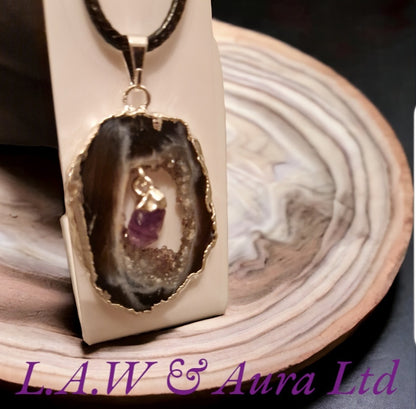 Brazilian Druzy Agate Slice with Amethyst Point Silver Plated