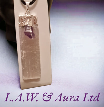 Brazilian Selenite Pendant with Amethyst Accent Silver Plated 🤍💜✨️
