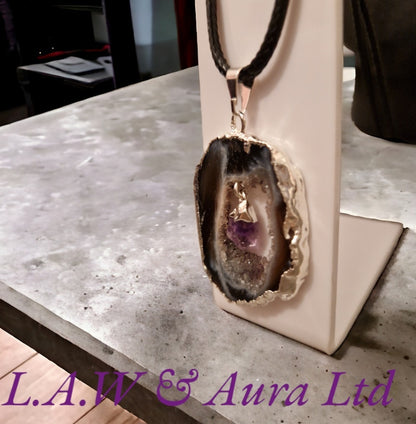 Brazilian Druzy Agate Slice with Amethyst Point Silver Plated
