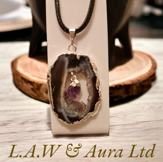 Brazilian Druzy Agate Slice with Amethyst Point Silver Plated