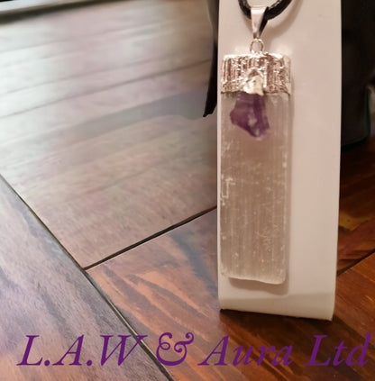 Brazilian Selenite Pendant with Amethyst Accent Silver Plated 🤍💜✨️